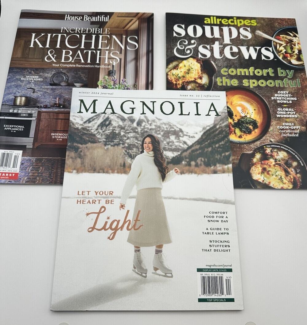 Magazine Lot Magnolia Journal Winter 2024 + House Beautiful + Allrecipes Recipes